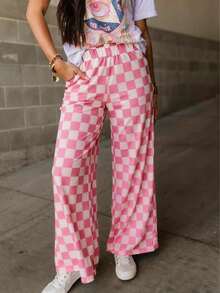 Pantalones casuales con estampado de tablero de ajedrez minimalista de moda para mujer en primavera/otoño, pantalones anchos y sueltos personalizados y versátiles, adecuados para el trabajo, el transporte, la oficina, los viajes, las fiestas, la escuela y el uso diario en el hogar - Rosa blanco - Ver 1