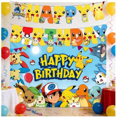 pokemon Đồ trang trí tiệc sinh nhật theo chủ đề cho trẻ em, cờ kéo, phông nền trang trí cho tiệc bé trai và bé gái.