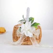 Wedding Flower Girl Basket Ribbon Bow Faux Flower Decor Petal Storage Woven Rattan Basket For Wedding Daily Picnic - Yellow - View 3