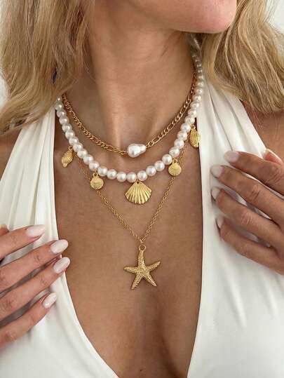 Bộ 3 dây chuyền vỏ sò, ngọc trai, sao biển thời trang, thích hợp cho kỳ nghỉ biển, hẹn hò, dự tiệc của phụ nữ, món quà tuyệt vời cho bạn bè.