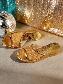 1 Pair Women's Vintage Gold Pearl Rhinestone Slip On Wedge Slides, Comfortable Open Toe Platform Sandals For Daily Wear - الذهبي - مشاهدة 9