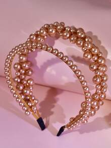 1pc Elegant Champagne Pearl Headband, Fashion Double-Row Princess Style Wide-Brim Headpiece, Suitable For Bride, Wedding, Engagement, Holiday Party, Daily Casual Wear - Champagne - View 3