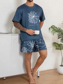 Plus Size Men's Casual Sleepwear Set, Round Neck Short Sleeve Top And Shorts, Lightweight And Comfortable Summer Loungewear - Multicolor - View 6