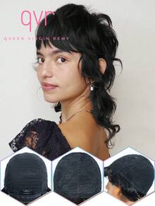 QVR QUEEN VIRGIN REMY Tóc giả QVR 100% tóc người Brazil nguyên chất, tóc mái ngắn xoăn, kiểu cắt tỉa nhiều lớp, ren vô hình không cần keo dán, độ dày 150%, phù hợp cho phụ nữ, nam giới và trẻ em. - Natural Black - Xem 1