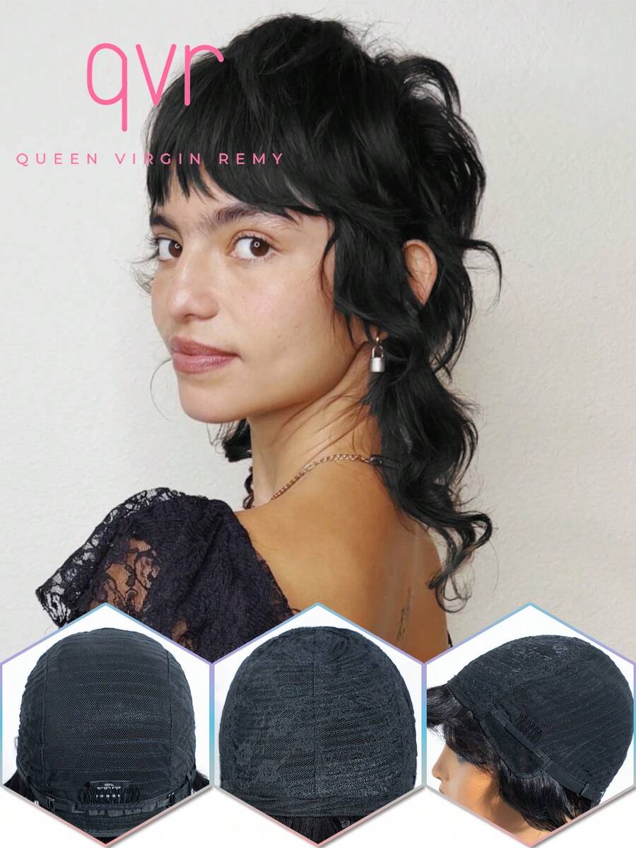 QVR QUEEN VIRGIN REMY Tóc giả QVR 100% tóc người Brazil nguyên chất, tóc mái ngắn xoăn, kiểu cắt tỉa nhiều lớp, ren vô hình không cần keo dán, độ dày 150%, phù hợp cho phụ nữ, nam giới và trẻ em. - Natural Black - Xem 1