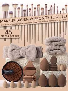 Bộ cọ trang điểm màu nâu, bộ trang điểm chuyên nghiệp, bộ dụng cụ trang điểm đa chức năng, bao gồm bông mút trang điểm mặt, bộ cọ tán kem nền, cọ và dụng cụ trang điểm mắt và mặt (có sẵn bộ 1/20/45 món) - màu nâu - Xem 1