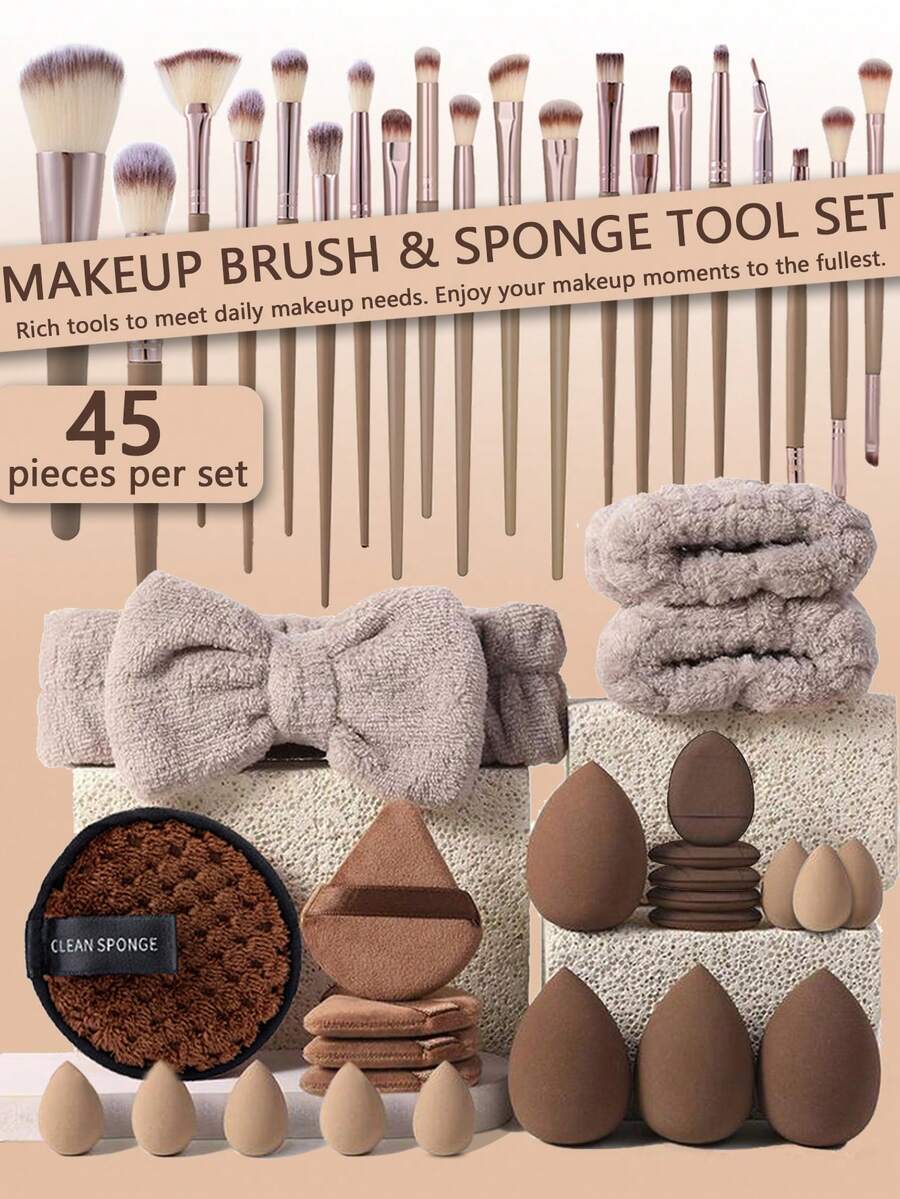 Bộ cọ trang điểm màu nâu, bộ trang điểm chuyên nghiệp, bộ dụng cụ trang điểm đa chức năng, bao gồm bông mút trang điểm mặt, bộ cọ tán kem nền, cọ và dụng cụ trang điểm mắt và mặt (có sẵn bộ 1/20/45 món) - màu nâu - Xem 1