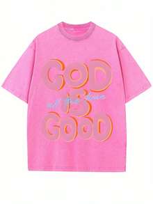 230G Washed Pure Cotton T - Shirt, Men'S Casual Fashion, With 'GOD IS GOOD All The Time' Words Print, Outdoor Sports T - Shirt |   Loose Fit |   Soft Knitted T - Shirt | Loose Fit | Vacation Casual - Màu Hồng Tươi - Xem 1