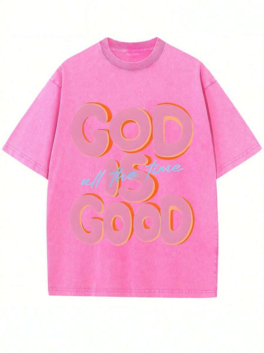 230G Washed Pure Cotton T - Shirt, Men'S Casual Fashion, With 'GOD IS GOOD All The Time' Words Print, Outdoor Sports T - Shirt | Loose Fit | Soft Knitted T - Shirt | Loose Fit | Vacation Casual - Màu Hồng Tươi - Xem 1