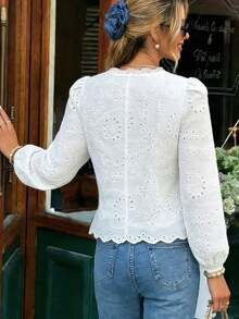 Women's Commuting, Casual, Versatile Lace Trim Embroidered Blouse With Cinched Waist, Elegant For Work, Halloween, Christmas, New Year, Beach Vacation, Hanging Out, Suitable For Spring, Summer, Autumn White - trắng - Xem 6