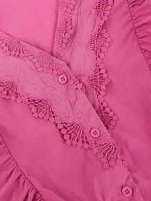 ii Plus Size Casual Solid Color Lace Patchwork Ruffle Trim Long Sleeve Top Spring - Hot Pink - View 8