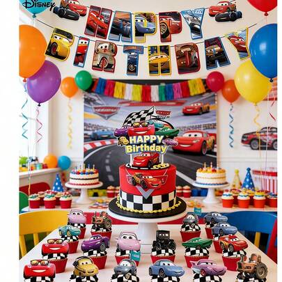 Disney Car Themed Cake Decorating Set, Includes Birthday Banner And Cartoon Cup Decorations, Racing Party Dessert Table Decor