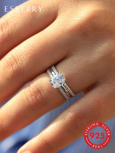 ESBERRY 3pcs 925 Sterling Silver High Shine Cubic Zirconia Oval Decor Women's Wedding Ring, Valentine's Day/Engagement Gift