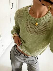 Women's Green Wool-Feel Pullover Sweater, Long Sleeve Semi-Sheer Knit Top, Slightly Stretchy, Regular Length, Essential For Spring/Summer, Casual Wear, Vacation Outfit - Pistachio Green - View 5