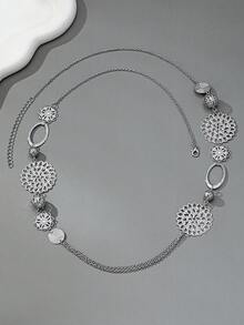 Collar largo versátil de moda europea y americana, con bola hueca retro y sexy, de estilo geométrico tridimensional bohemio brillante, cadena para suéter en color negro - Plateado - Ver 2