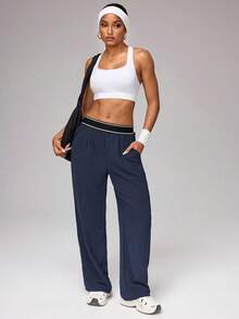 Women's Casual Sports Pants, Women's Sports Pants, Loose Sports Pants, Jogging Pants, Women's Sports Pants, Loose Sports Clothes, Essential For Spring Outdoor Sports: High Waist With Contrasting Border Elastic Waistband, Loose Fit, Lightweight Fabric - 藍色 - 查看 5