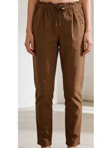 Women's Twill Pants With Elastic Button And Drawstring Pocket - 咖啡棕 - 查看 2