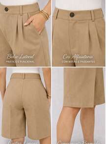 Women's Tailored Bermuda Shorts With High Waist | Shaping And Elegant | Various Colors - Màu Khaki - Xem 4