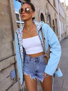 Giolshon Women's Cream Double-Sided Hooded Jacket - Reversible Printed Design, Casual & Fashionable, Suitable For Daily Layering, Autumn/Winter Spring Elegant - Blue - View 11