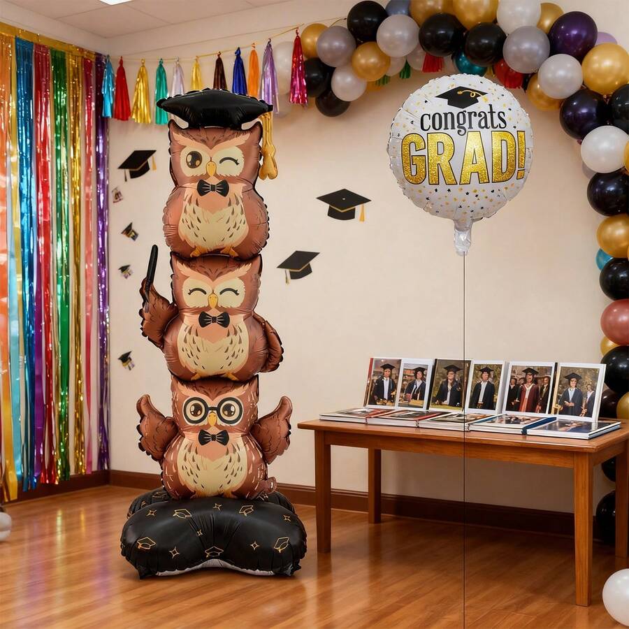 2pcs 150cm Base Stacking Owl Graduation Theme Round Balloon Set, Suitable For Graduation Party Decoration Cartoon Balloons - View 1