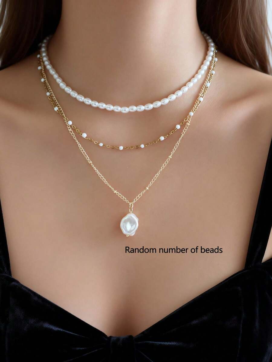 3pcs Elegant Simulated Pearl Multi-Layer Necklace Set, Suitable For Women's Daily, Date, Party, Fashionable Jewelry Accessories - Yellow Gold - View 1