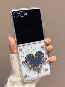 1pc Fashionable, Simple, Cute Straight Edge Drop Glue Gemstone Mirror Heart-Shaped Folding Phone Case, Can Protect And Prevent Falling: SamsungGalaxy Zflip 3/Zflip 4/Zflip 5/Zflip 6/Zflip 7/Galaxy Z Flip7 FE - Clear - View 1