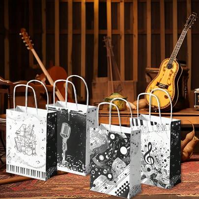 12/24个装音乐主题派对礼品袋，音符麦克风图案，适用于生日、音乐会、婚礼派对装饰的音乐主题派对礼品袋