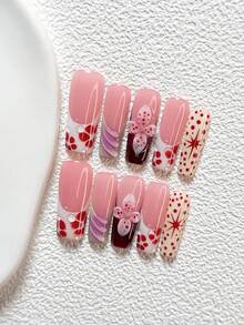 10Pcs Sweet And Cool Pink Style Handmade Nail Art Set,Polygel Nail Set,Hand Sculpted Five Petal Flowers And Polka Dots Nail Art Decorations,Includes Nail Tools,3 Sizes Available,Almond Nails , Duck Nails,Coffin Nails For Party, Dance, Daily Wear. - 彩色 - 查看 13