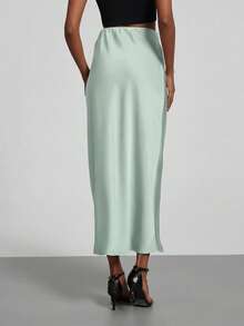 Se-Helo Women's Fashion All-Season Satin Elastic Waist Maxi Skirt Spring - Light Green - View 8