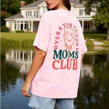 1pcsWomen's Summer Overstimulation Mom Club Graphic Print Round Neck Short Sleeve Simple Casual Everyday Black Plus Size-Shirt Tops, Mom Birthday Grap - 粉色 - 查看 5