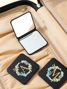 Fashionable Black Square Mirror Printed With Ocean-Themed Wreaths And The Initials A-Z, Portable Folding High-Definition Double-Sided Pocket Mirror, Suitable For Carrying Handbags, Wear-Resistant , Lightweight And Portable, Pocket Mirror, Mini Makeup Mirror, New Design, Travel Accessories, Suitable For Both Men And Women - Mirror - View 3