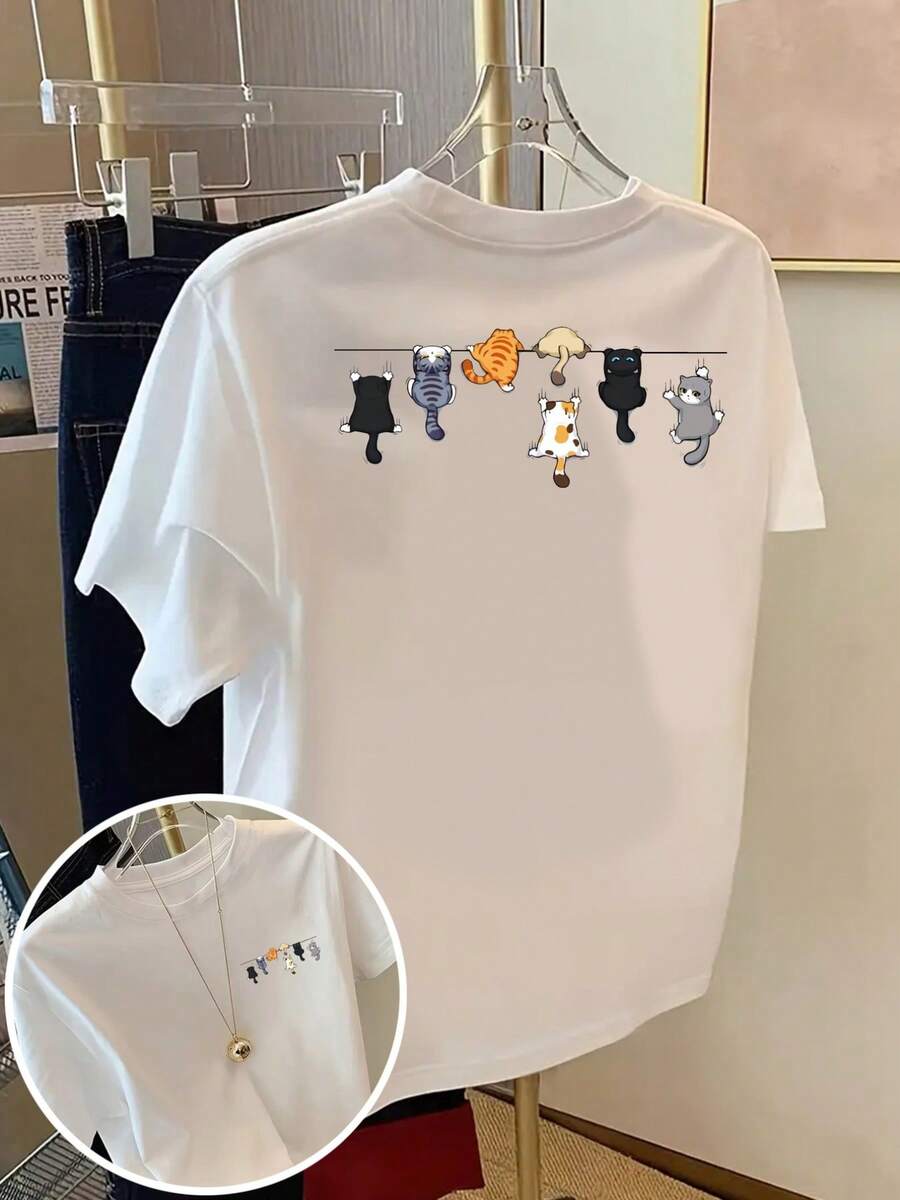 Women's Cute Cat Print Round Neck Short Sleeve Casual T-Shirt White - White - View 1