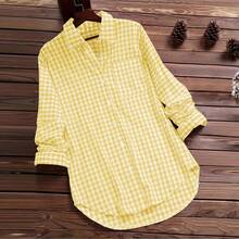 Women's Vintage Plaid Cotton Long Sleeve Casual Shirt, Spring/Summer - Light Yellow - View 4
