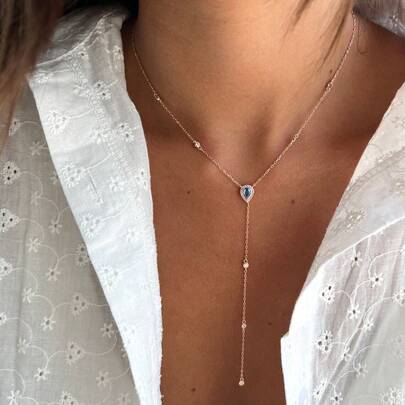 1 chiếc vòng cổ hình chữ Y thời thượng dành cho khu nghỉ dưỡng, đính đá Zirconia hình giọt nước màu xanh dương, phụ kiện dự tiệc và kỳ nghỉ hè dành cho nữ.