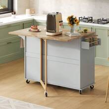 Large Mobile Kitchen Table 137 X 43 (76) X 92 Cm, Oak Countertop, Folding Design, Multifunctional Cabinet, 3 Drawers, Towel Rack, Suitable For Kitchen, Dining Room And Home. - Grey - View 4