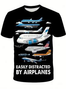 "Easily Attracted By Airplanes" SCKMEU Boys' T-Shirt: Comfortable Round Neck, Short Sleeves, Ideal For Spring And Summer, Machine Washable, Perfect Gift For Aviation Enthusiasts, Airplane T-Shirt. - 黑色 - 查看 2