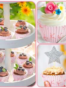 100pcs Pink Bow Print Cupcake Liners, Grease-Proof Baking Cups With Ruffled Edges, Suitable For Muffins And Cupcakes, Great For Mother's Day, Birthday, Baby Shower And Party Dessert Decoration. - Pink - View 5