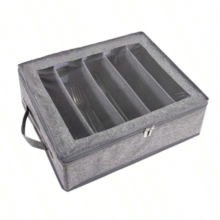 Bandeja para cubiertos con tapa y compartimentos ajustables 40 9 cm organizador de cocina gris para cubiertos vasos y vajilla de camping caja de almacenamiento a prueba de polvo de tela Oxford - Grau - Ver 1