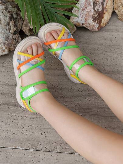 Colorful Design Fashionable Casual Children's Flat Sandals, Outdoor Running & Playing Non-Slip Wear-Resistant Green Children's Sports Sandals, Soft Bottom Comfortable Lightweight Girls' Beach Shoes For Holidays And Vacations, Transparent Strap Colorful Children's Multi-Strap Sandals For Daily Life, Suitable For Girls Aged 3-18 For Daily Life And Outdoor Activities In Summer