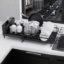 Luminpool Dish Drainer Rack - Extendable Dish Drainer, Multifunctional Dish Rack For Kitchen Counter, Anti-Rust Draining Board Rack With Cutlery & Cup Holders - Black - View 7