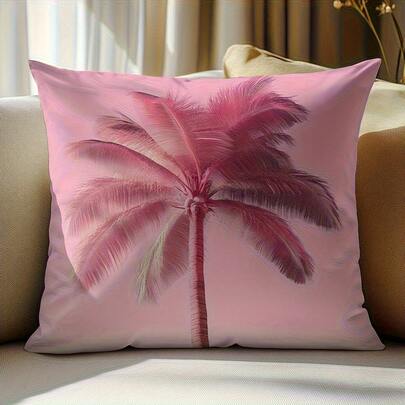 1pc Vivid Pink Tropical Palm Tree Decorative Pillowcase - Modern/Contemporary Style, Zipper Closure, Machine-Washable Polyester Cushion Cover - Suitable For Living Room And Bedroom Decor - Washable Decorative Pillow Slip With Smooth-Textured Fabric