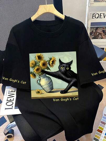 2026 Spring/Summer Plus Size Women's Round Neck Cute Cat & Letter Print Casual Short Sleeve T-Shirt, Suitable For Summer Vacation Black