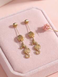 1 Pair Women's Resort Style Dangle Earrings, Metal 3D Ocean Element Design, Suitable For Daily Wear And Beach - Seahorse + Oval - View 5