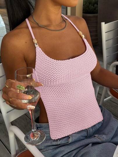 Vive a la moda Y2K Verano Moda casual Vacaciones Sexy Camiseta sin espalda, Diseño de cuello cuadrado con lazo, Adecuado para salidas de vacaciones