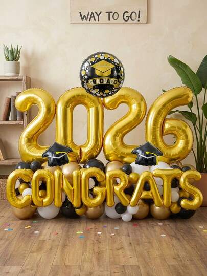 66 piezas/Set Decoraciones para fiesta de graduación 2026, globos gigantes de número 2026 de 32" en dorado, pancarta de globos de letra "CONGRATS" de 16" en dorado, globos redondos "Congrats Grad" de 18" en negro y dorado, globos de gorra de graduación en miniatura, adecuado para ceremonia de graduación, decoración de la clase de 2026