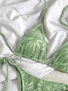 Bikinx Bộ bikini hai mảnh phong cách Bohemian mùa hè dành cho nữ: Áo bikini tam giác bằng vải lưới in họa tiết lá và quần bikini buộc dây tua rua. Thích hợp cho kỳ nghỉ. - Màu xanh Bạc hà - Xem 7