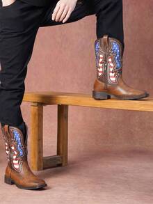 SHOESMALL Men's Brown Cowboy Boots Western Boots Side Zipper American Flag Retro Square Toe Mid-Calf Boots For Men - màu nâu - Xem 7
