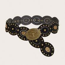 1pc Women's Bohemian Style Brown Patchwork Retro Metal Buckle Belt, Suitable For Dresses, Jeans, Music Festival & Commute Outfits Fall, Autumn, Halloween - Thắt lưng kim loại Bull Head màu đen - Xem 10