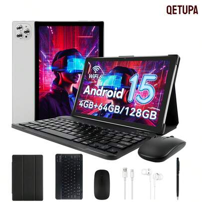 Qetupa Tableta Android 15, pantalla de 10.1 pulgadas, 4GB RAM + 64GB/128GB de almacenamiento, procesador MTK 6762 Octa-Core a 2.0GHz, cámara frontal de 5MP y cámara trasera de 13MP, batería de 6000mAh, pantalla táctil HD (1280x800) IPS, sin soporte de SIM, incluye teclado, ratón, funda protectora, lápiz óptico, cable Tipo-C y auriculares - Mejor regalo para Halloween, cumpleaños y Navidad (adaptador no incluido)