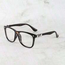 1pc Vintage Square Metal Frame Clear Lens Glasses, Unisex Retro Optical Eyewear - Matte Black - View 7